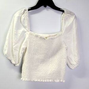 Faherty Frankie Smocked Puff Sleeve Linen Top In Oyster